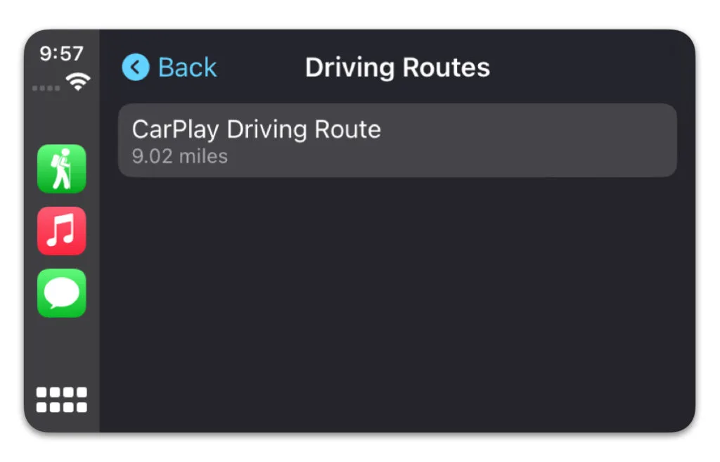 The Driving Routes list in Topo Maps+ on CarPlay