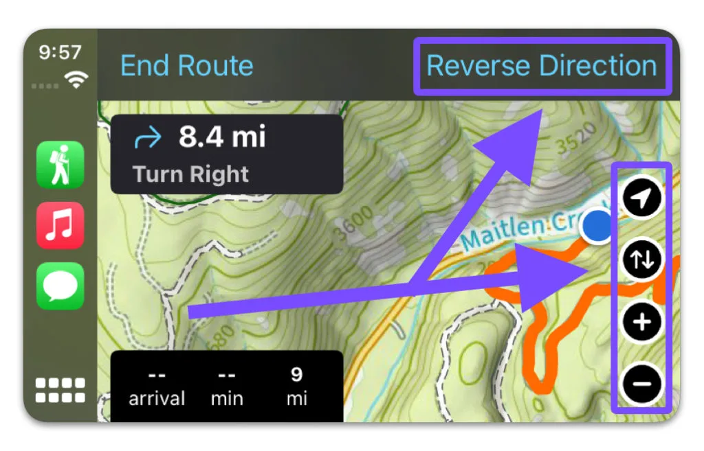 The CarPlay map with the Reverse Direction button and the map buttons highlighted