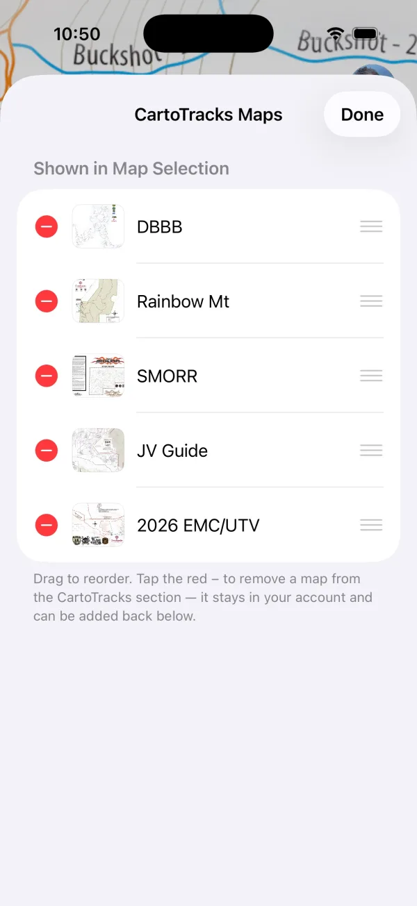 Editing the CartoTracks Maps list to reorder or remove maps