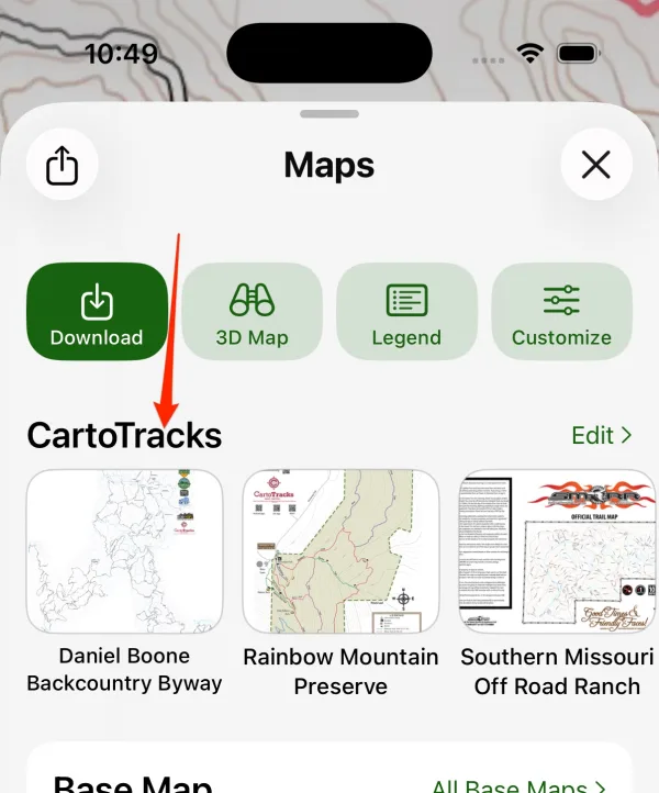 The CartoTracks section in the Maps selection screen
