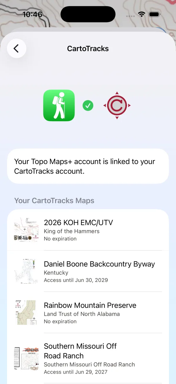 The CartoTracks screen showing linked accounts and a list of CartoTracks maps with their access dates