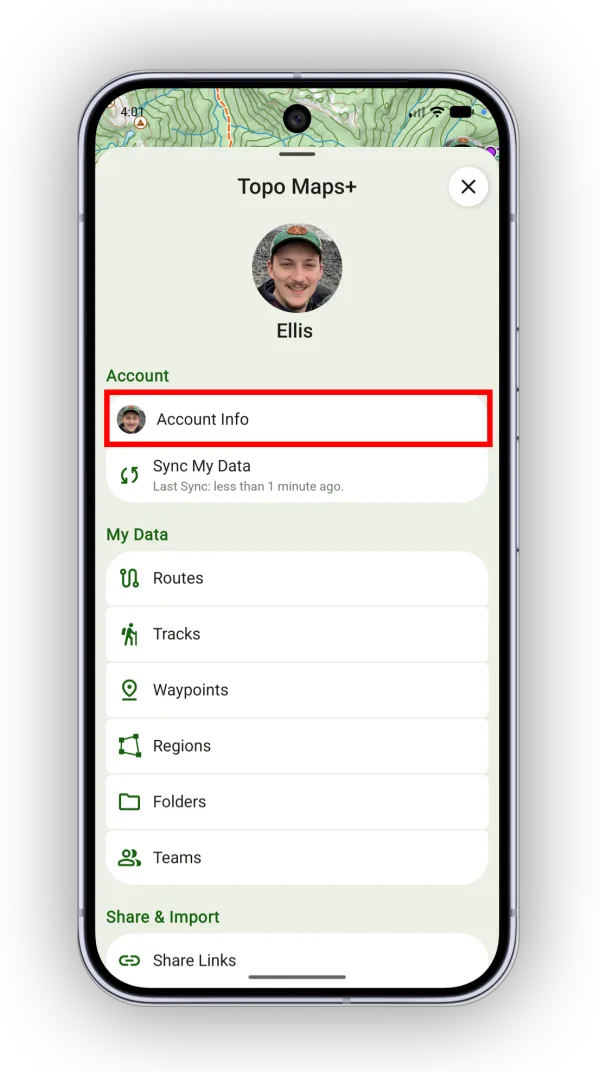Account Info in the account menu