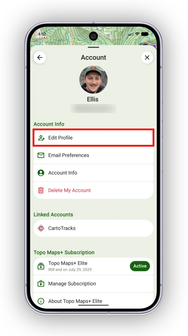 Edit Profile at the top of the Account screen