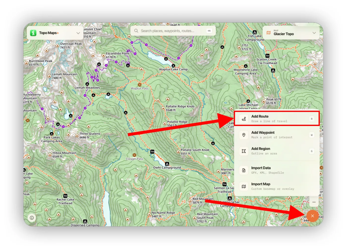 The Add menu in the web app with Add Route highlighted