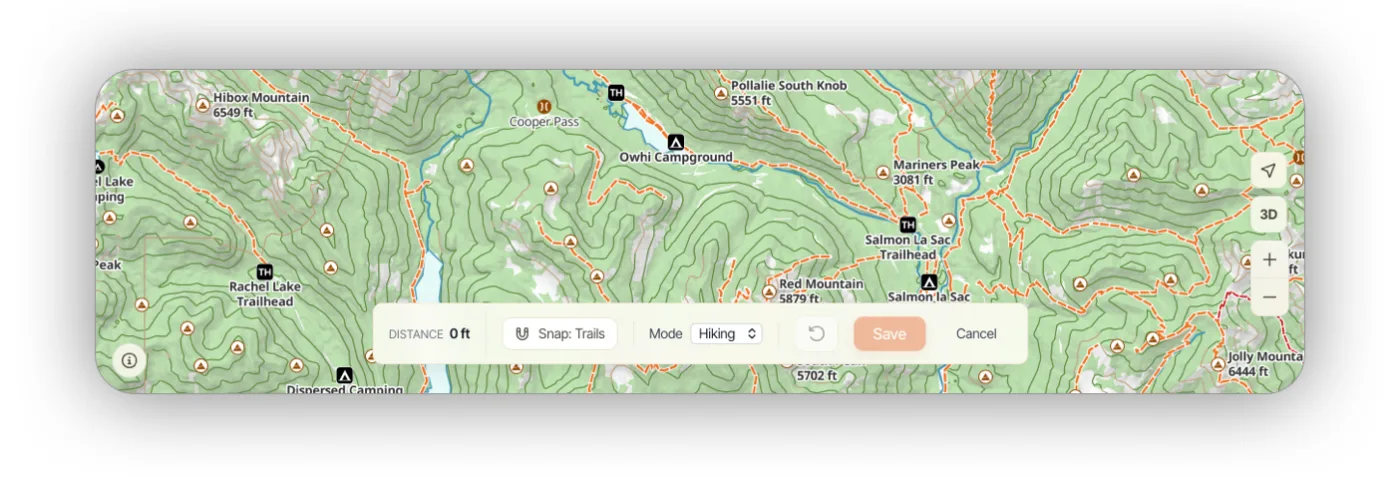 The route builder toolbar with Snap and Mode options