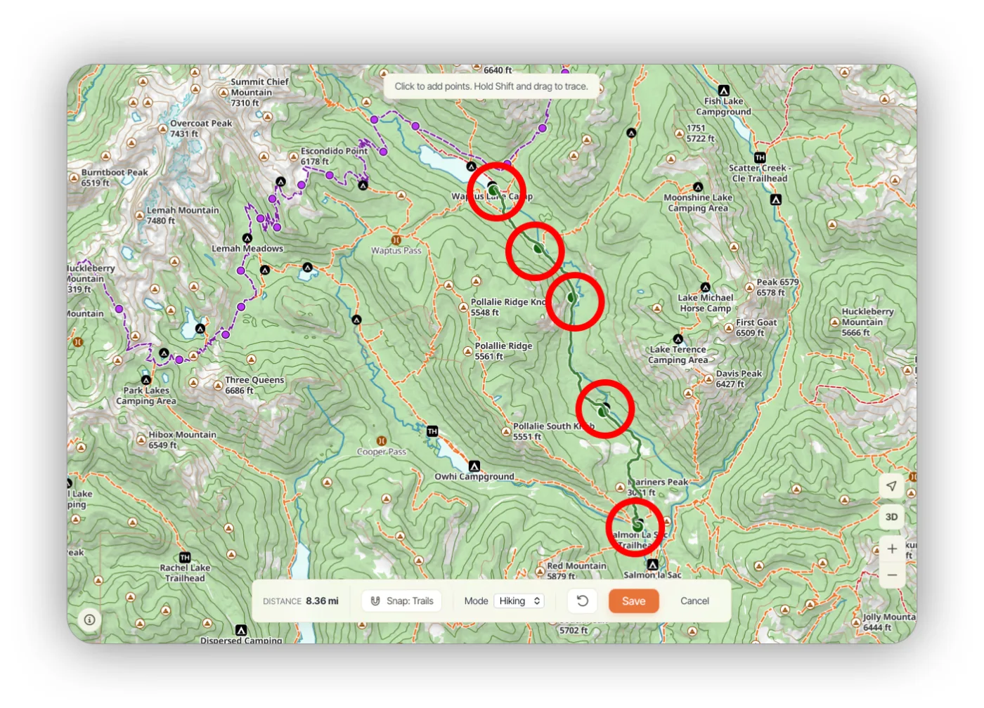 A route snapping to trails between clicked points