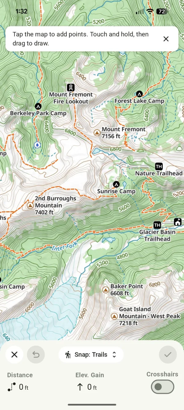The route builder with the instructions at the top and the sheet at the bottom showing the close button, Undo, the snap mode menu, the checkmark, Distance, Elev. Gain, and Crosshairs