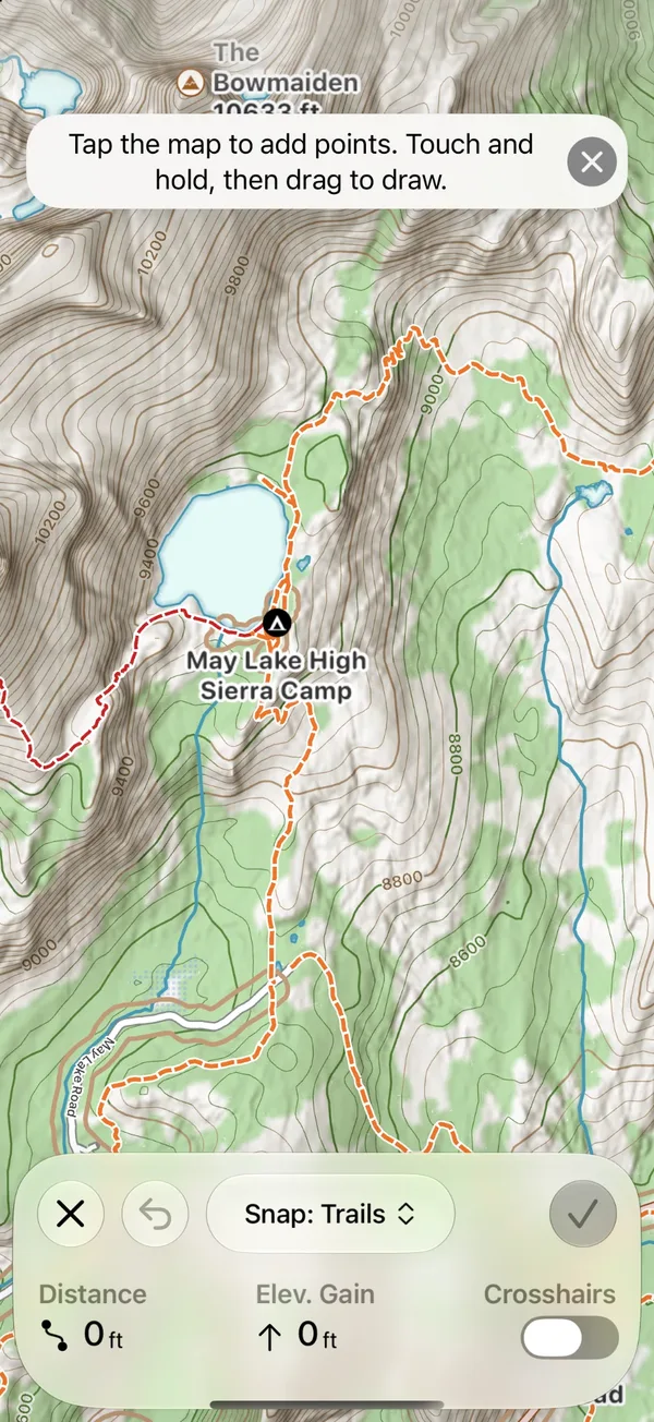 The route builder with the instructions at the top and the sheet at the bottom showing the close button, Undo, the snap mode menu, the checkmark, Distance, Elev. Gain, and Crosshairs