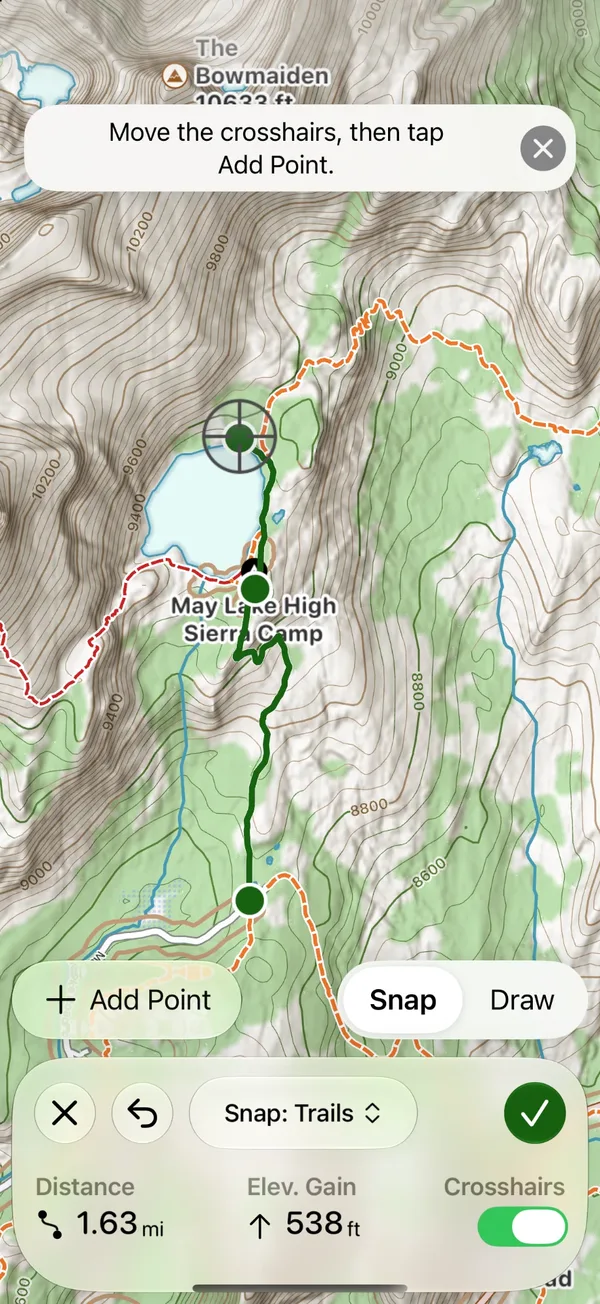 The route builder with Crosshairs on, the Add Point button on the left and the Snap and Draw control on the right above the sheet