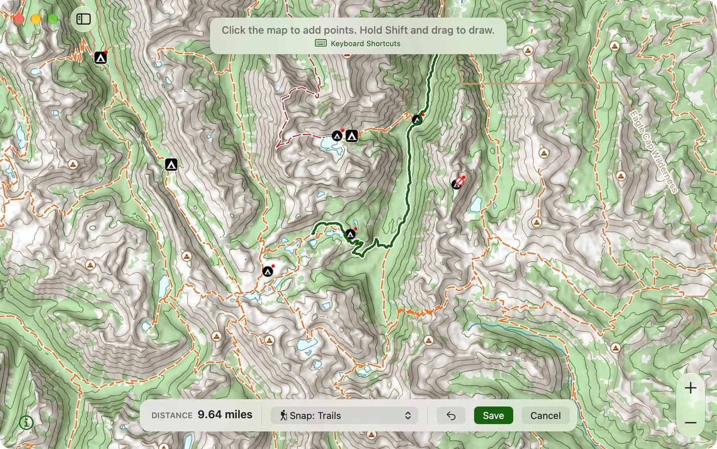 The route builder on a Mac, with the instructions and Keyboard Shortcuts link at the top and the toolbar at the bottom showing Distance, Snap: Trails, Undo, Save, and Cancel