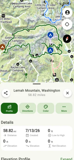 The info card for a newly saved route