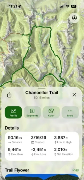 The info card for a newly saved route