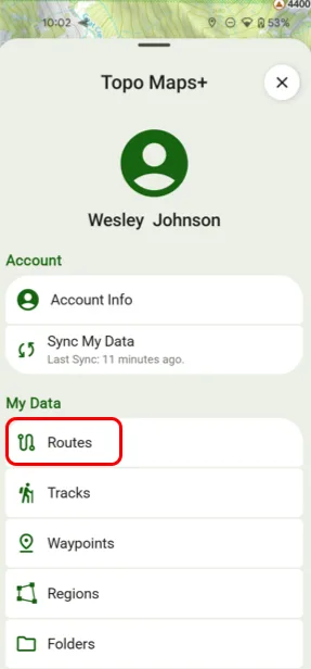 Routes in the My Data section of the account menu