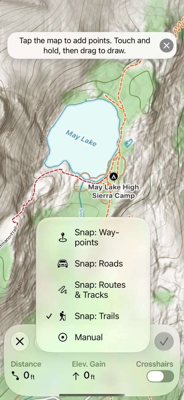 The snap mode menu open, showing Manual, Snap: Trails, Snap: Routes & Tracks, and Snap: Roads