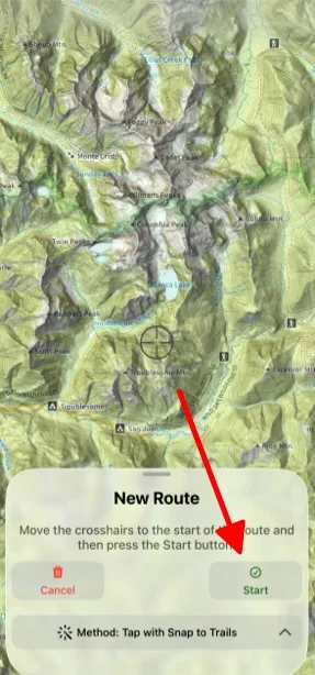Placing the crosshairs at the start of the route and tapping Start