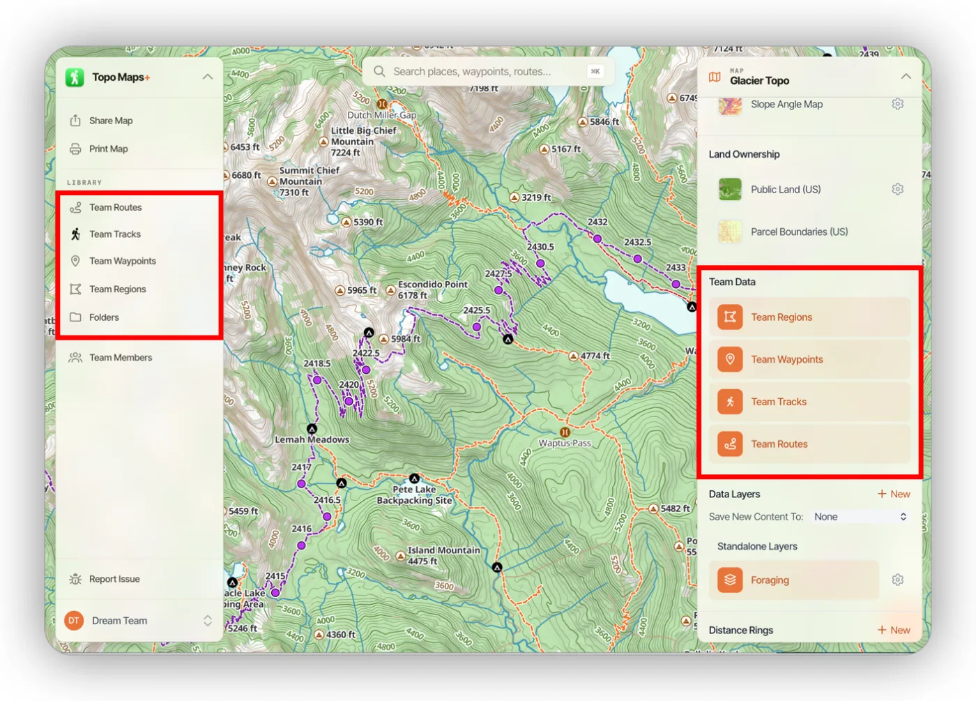 The web app while viewing a team, with team data in the sidebar and the Team Data section in the map dashboard