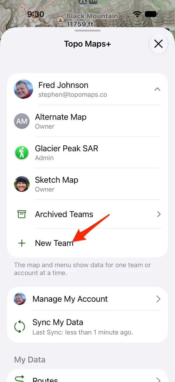 Your teams with your role on each, Archived Teams, and New Team under the first row of the menu