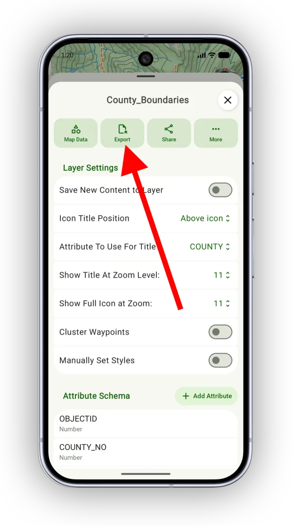 The Export button in a data layer