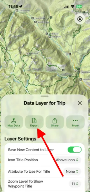 The Export button in a data layer