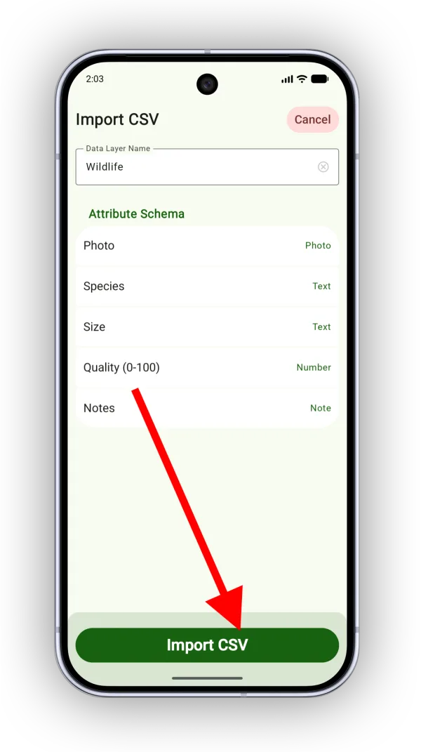 The Import CSV screen with the data layer name and attribute schema