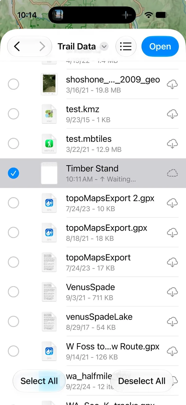 Choosing a file to import, with the Open button