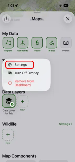 Opening a data layer's settings