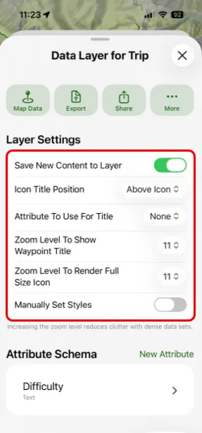 Layer settings at the top of a data layer
