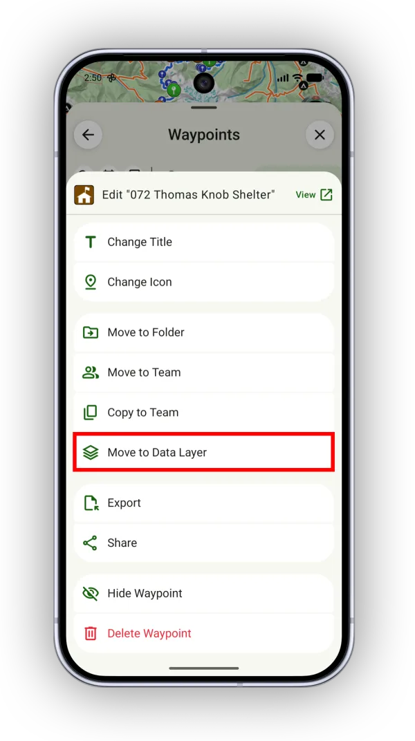 Move to Data Layer in a waypoint's edit menu