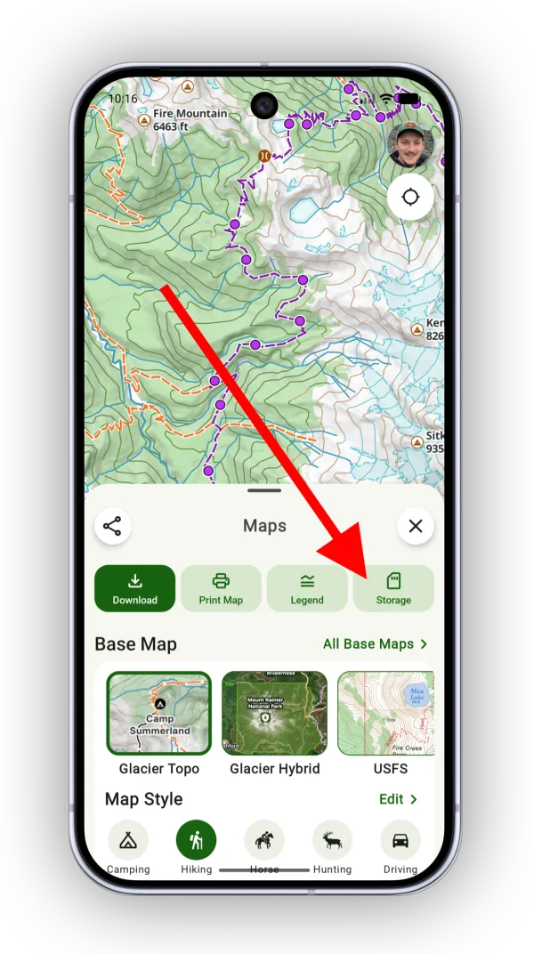 The Storage button in the Maps panel
