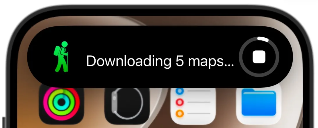The Dynamic Island showing Downloading 5 maps with a progress ring and stop button