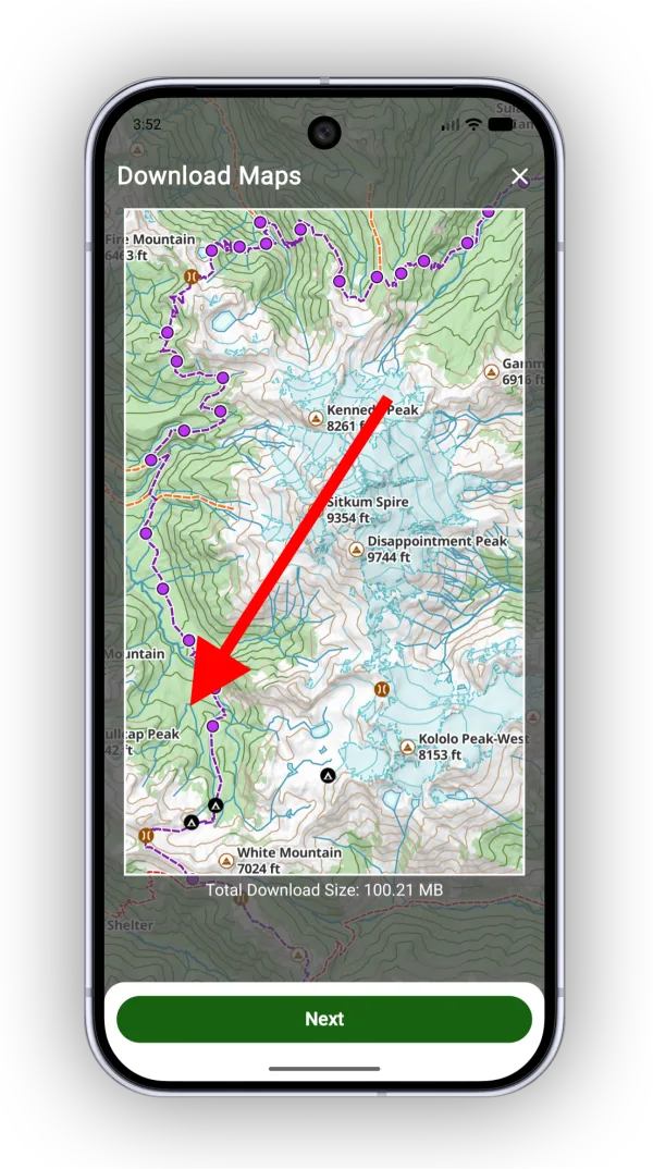 Selecting the area to download, with the total download size shown