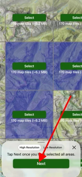 Selecting the area to download, with the total download size shown