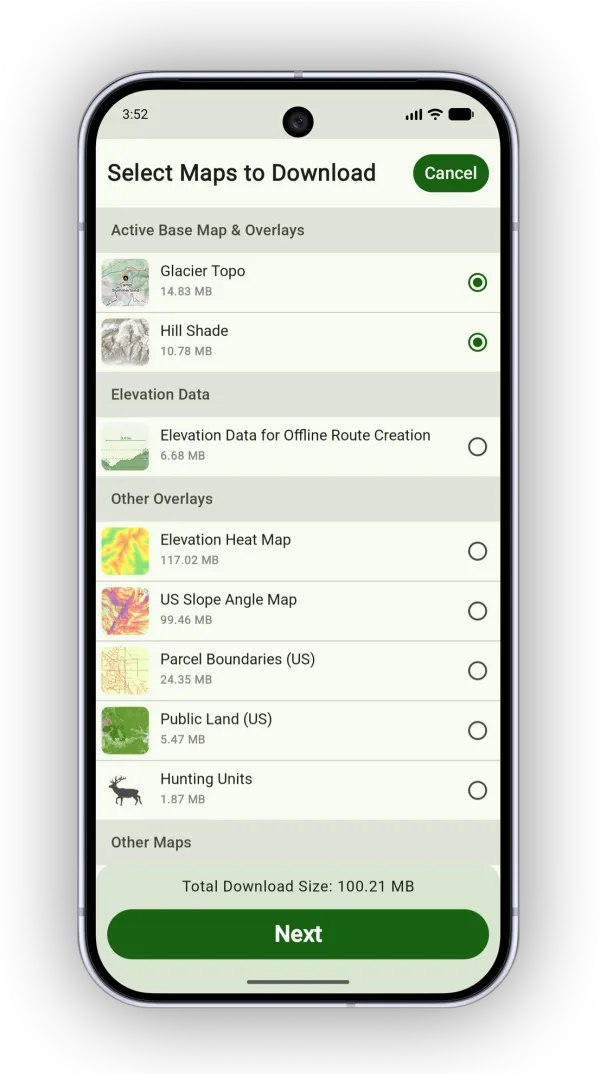 Select Maps to Download, listing the active base map, overlays, and elevation data