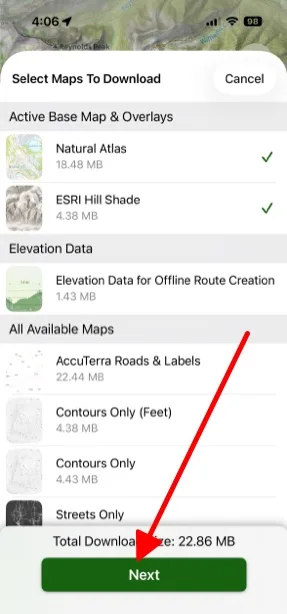 Select Maps to Download, listing the active base map, overlays, and elevation data