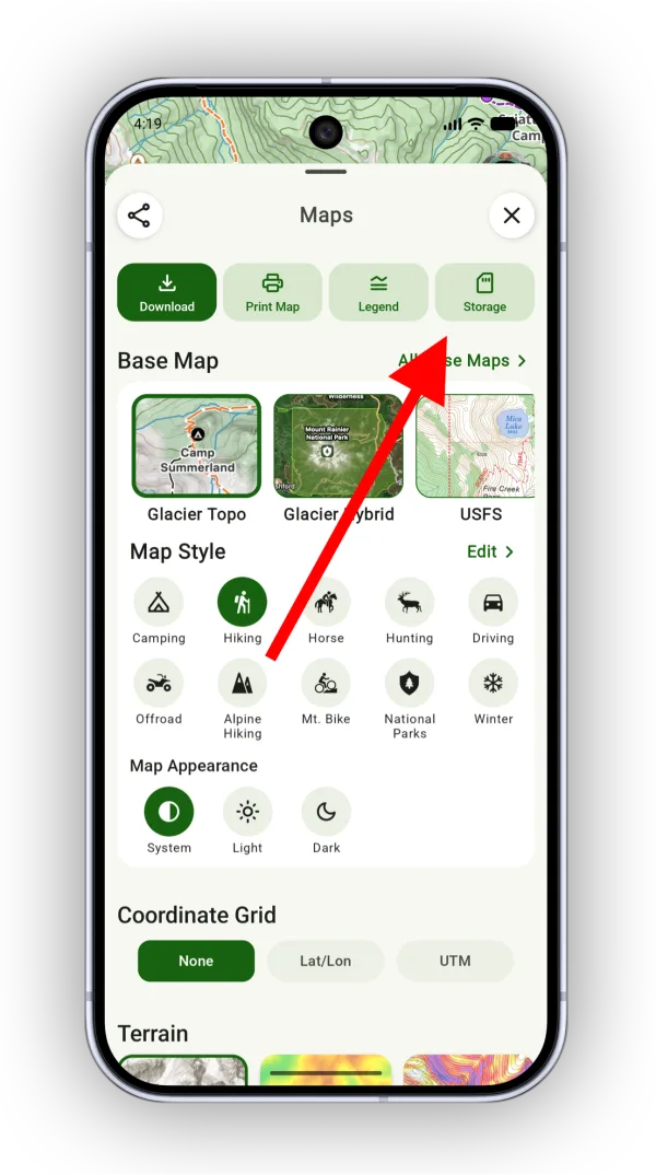 The Storage button in the Maps panel