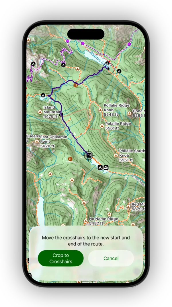 Moving the crosshairs to set a new start and end for the route