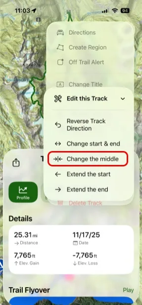 The list of editing options, shown here on a track