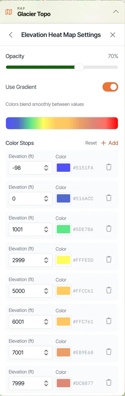 Elevation Heat Map settings for choosing colors at specific elevations