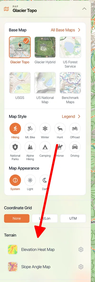 The Terrain section of the map dashboard with Elevation Heat Map and Slope Angle Map