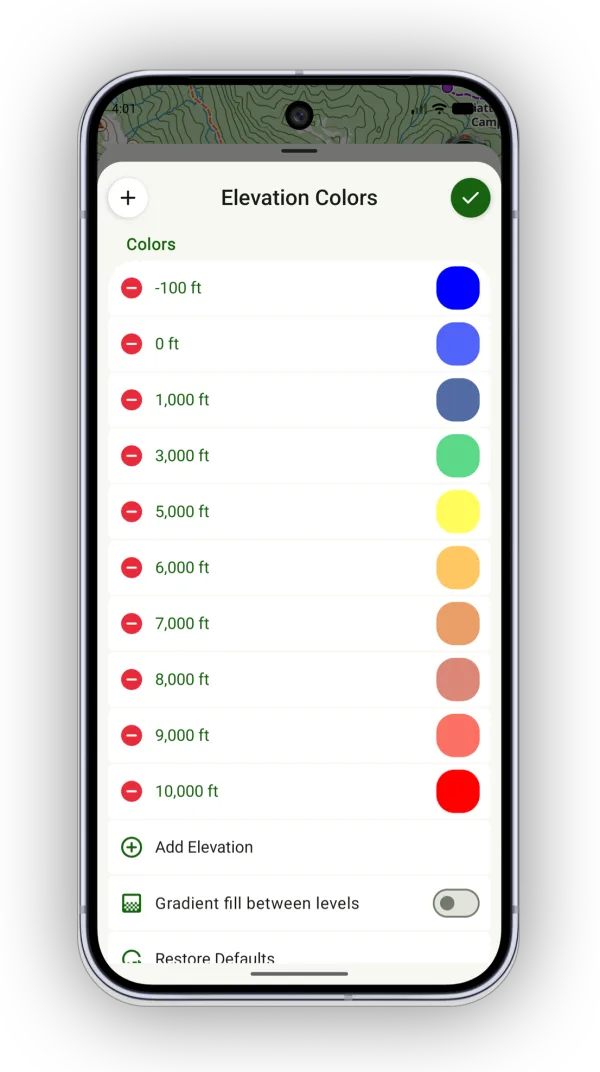 The elevation color list with an elevation and color for each range