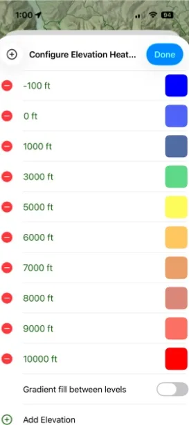 The elevation color list with an elevation and color for each range
