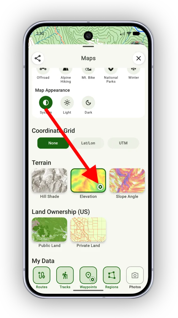 Opening the Elevation overlay settings