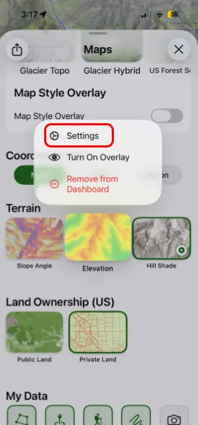 Opening the Elevation overlay settings