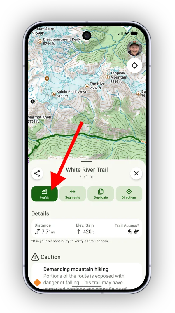 The Profile button in the sheet for a trail