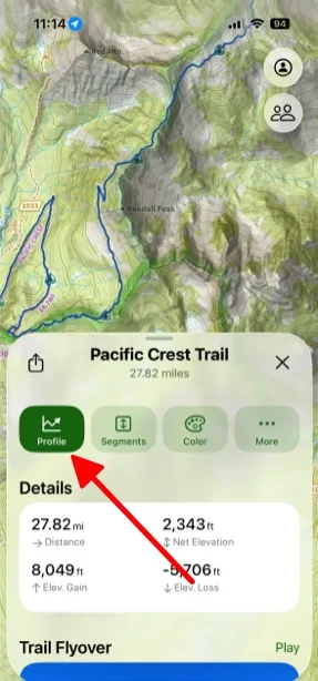 The Profile button in the sheet for a trail