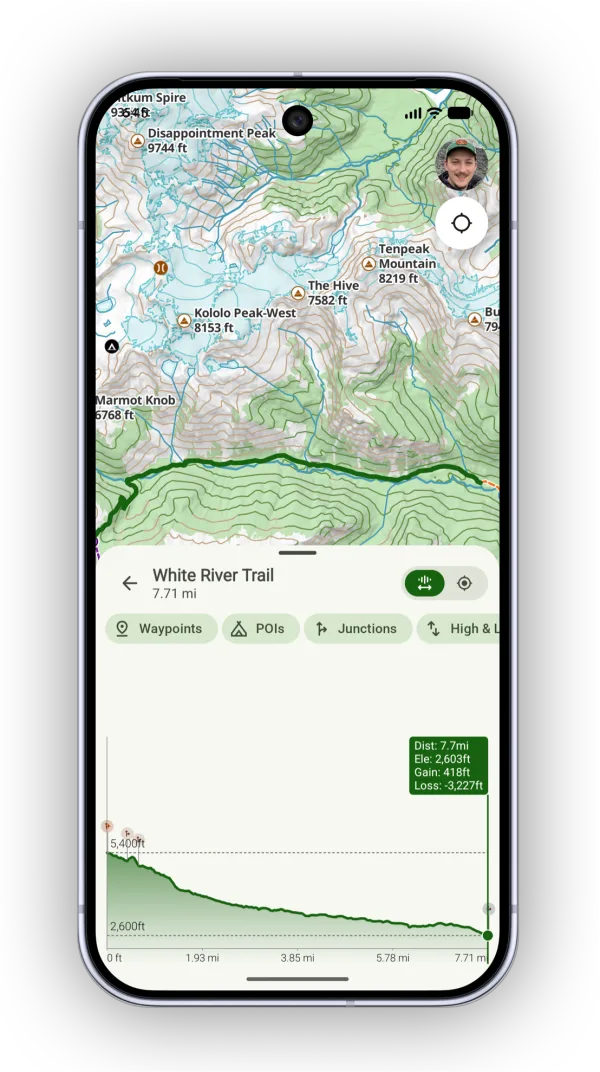 Scrubbing along an elevation profile, with distance, elevation, gain, and loss for that point