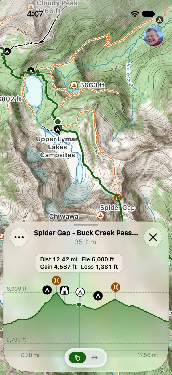 Scrubbing along a scrolling elevation profile, with the distance, elevation, gain, and loss for that point