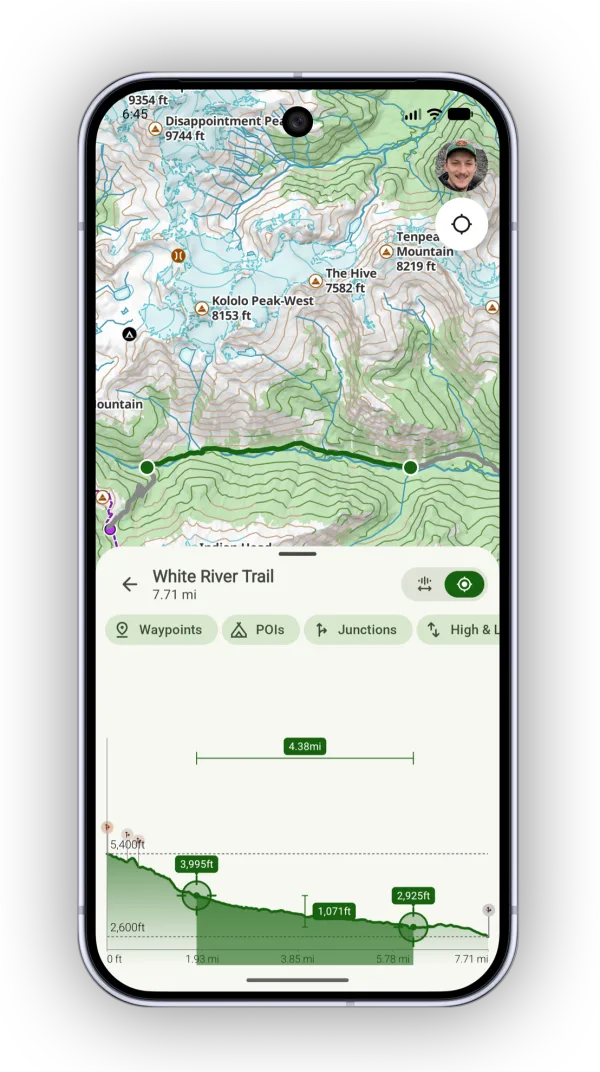 Selecting a section of an elevation profile between two crosshairs