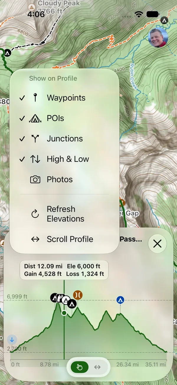 The profile's menu with Show on Profile, Refresh Elevations, and Scroll Profile