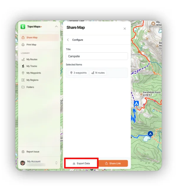 The Share Map Configure step with a title, selected items, and the Export Data button